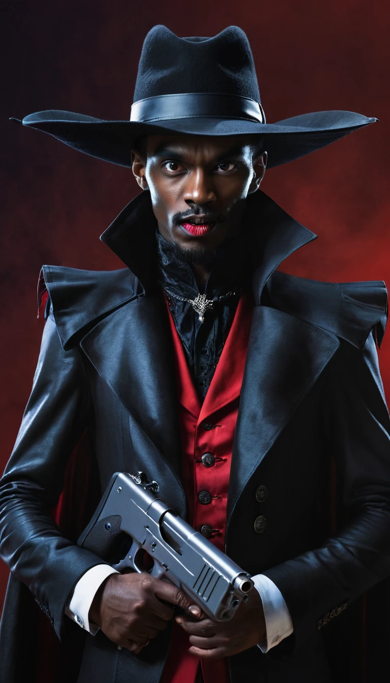 A skinny black man as dracula holding a gun, his face covered with hat