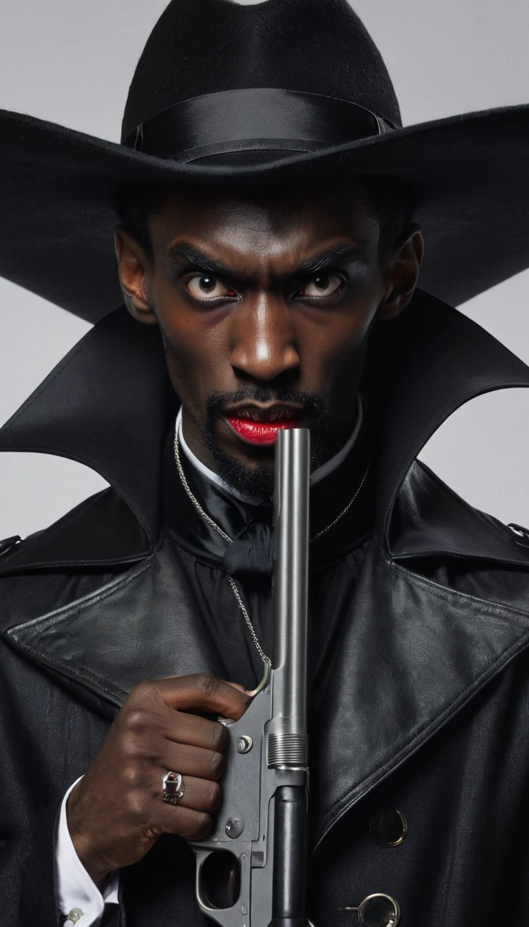 A skinny black man as dracula holding a gun, his face covered with hat