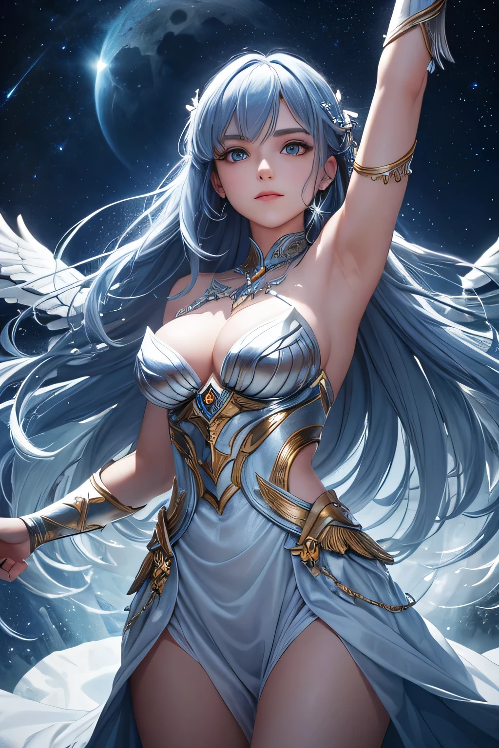 A stunning Valkyrie performs a mystical dance under the starry night sky to honor and guide the souls of her fallen comrades to the heavens. She is dressed in shimmering, ethereal armor that glows softly in the moonlight, with delicate, flowing fabric that sways with her movements. Her long, flowing blue hair and majestic wings catch the silver moonlight, creating an otherworldly glow. The background features a dark, star-filled sky with the moon casting a gentle light over the scene, and the shadows of the surrounding forest adding depth and mystery. The air is filled with a sense of solemnity and magic as the Valkyrie’s dance weaves together the earthly and the celestial, creating a bridge for the souls to ascend.