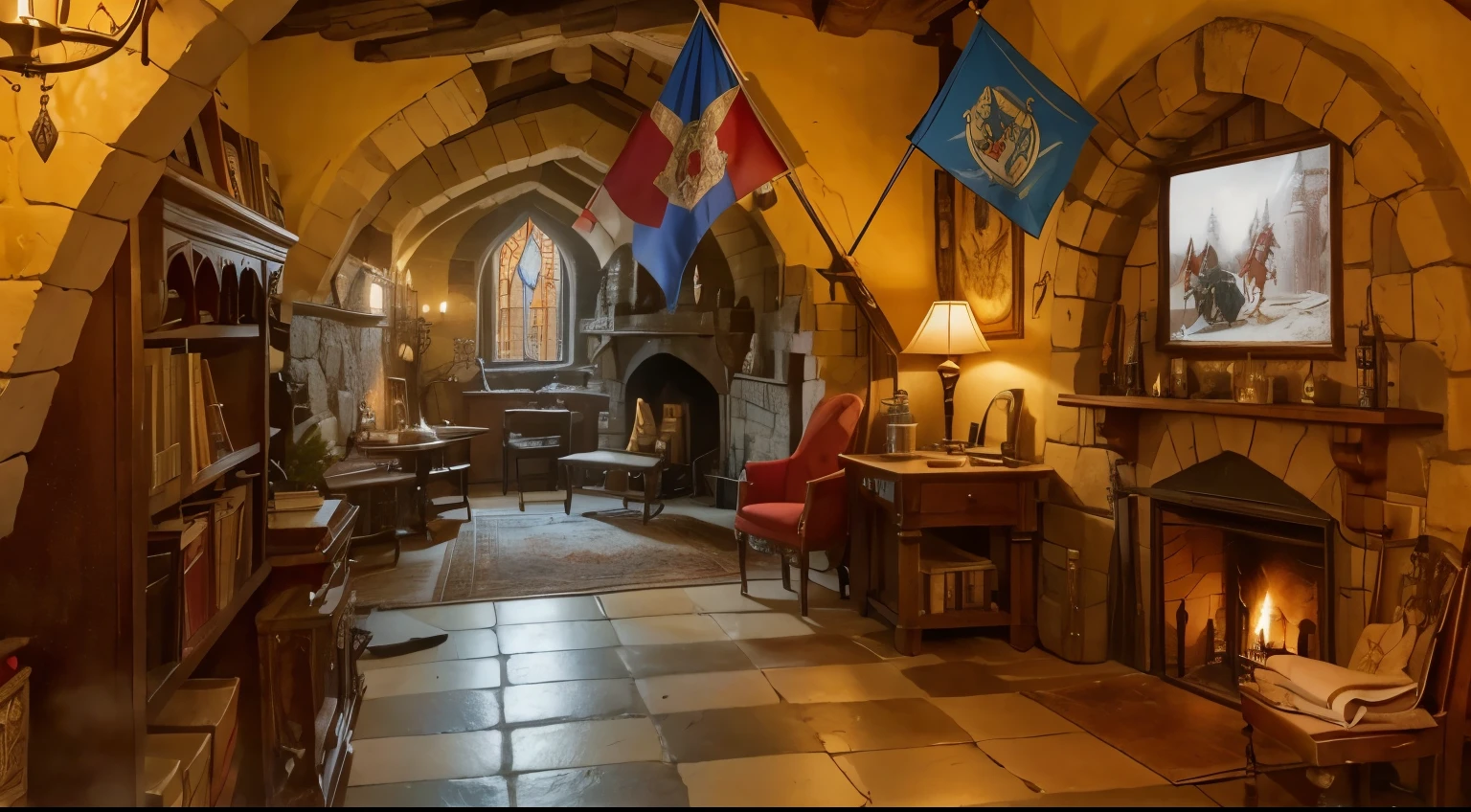 a pretty medieval catle room full of medieval castle objects, a heraldic fireplace, medieval book shelf, medieval chairs, a window in winter, fantasy castle, high resolution, a cup of tea, a medieval side cavalier, heraldic flags standart, a frame of cavaliers in wall