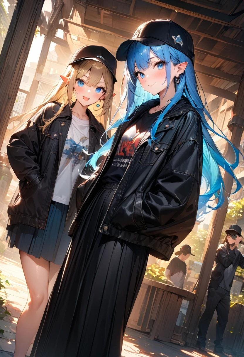 (masterpiece),(best quality),(ultra-detailed),(best illustration),(best shadow),(absurdres),(detailed background),(very aesthetic), 2girls baseball_cap black-framed_eyewear black_headwear black_jacket black_pants black_shirt black_skirt blonde_hair blue_eyes blue_hair blush character_name closed_mouth cowboy_shot dutch_angle earrings eyewear_on_head hands_in_pockets hat jacket jewelry long_hair long_skirt long_sleeves looking_at_viewer multiple_girls open_clothes open_jacket open_mouth pants pointy_ears print_shirt red_eyes shirt skirt smile standing straight_hair sunglasses
