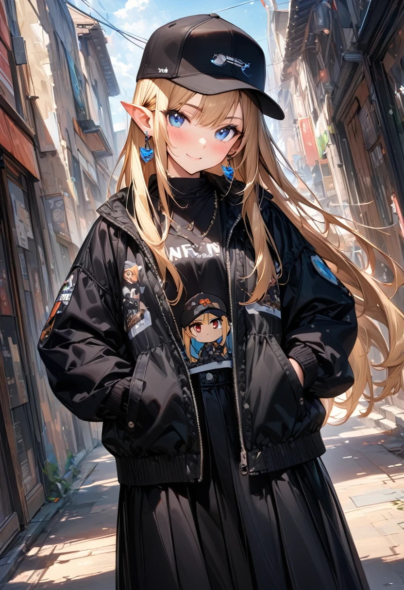 (masterpiece),(best quality),(ultra-detailed),(best illustration),(best shadow),(absurdres),(detailed background),(very aesthetic), 2girls baseball_cap black-framed_eyewear black_headwear black_jacket black_pants black_shirt black_skirt blonde_hair blue_eyes blue_hair blush character_name closed_mouth cowboy_shot dutch_angle earrings eyewear_on_head hands_in_pockets hat jacket jewelry long_hair long_skirt long_sleeves looking_at_viewer multiple_girls open_clothes open_jacket open_mouth pants pointy_ears print_shirt red_eyes shirt skirt smile standing straight_hair sunglasses
