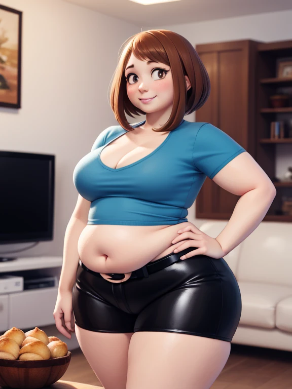 high quality, best quality, beautiful, perfect lighting, detailed face, mature face, ((1girl)), ((solo)), Imagine Ochaco Uraraka as an adult, 45 years old, MILF, plus sized milf, short brown hair, brown eyes, ((blush)), smile, looking at viewer, black leather pants, dark blue shirt, white belt, white heels, ((medium breasts)), wide hips, thick thighs, chubby, love handles, muffin-top, round belly, living room, hands on hips,
