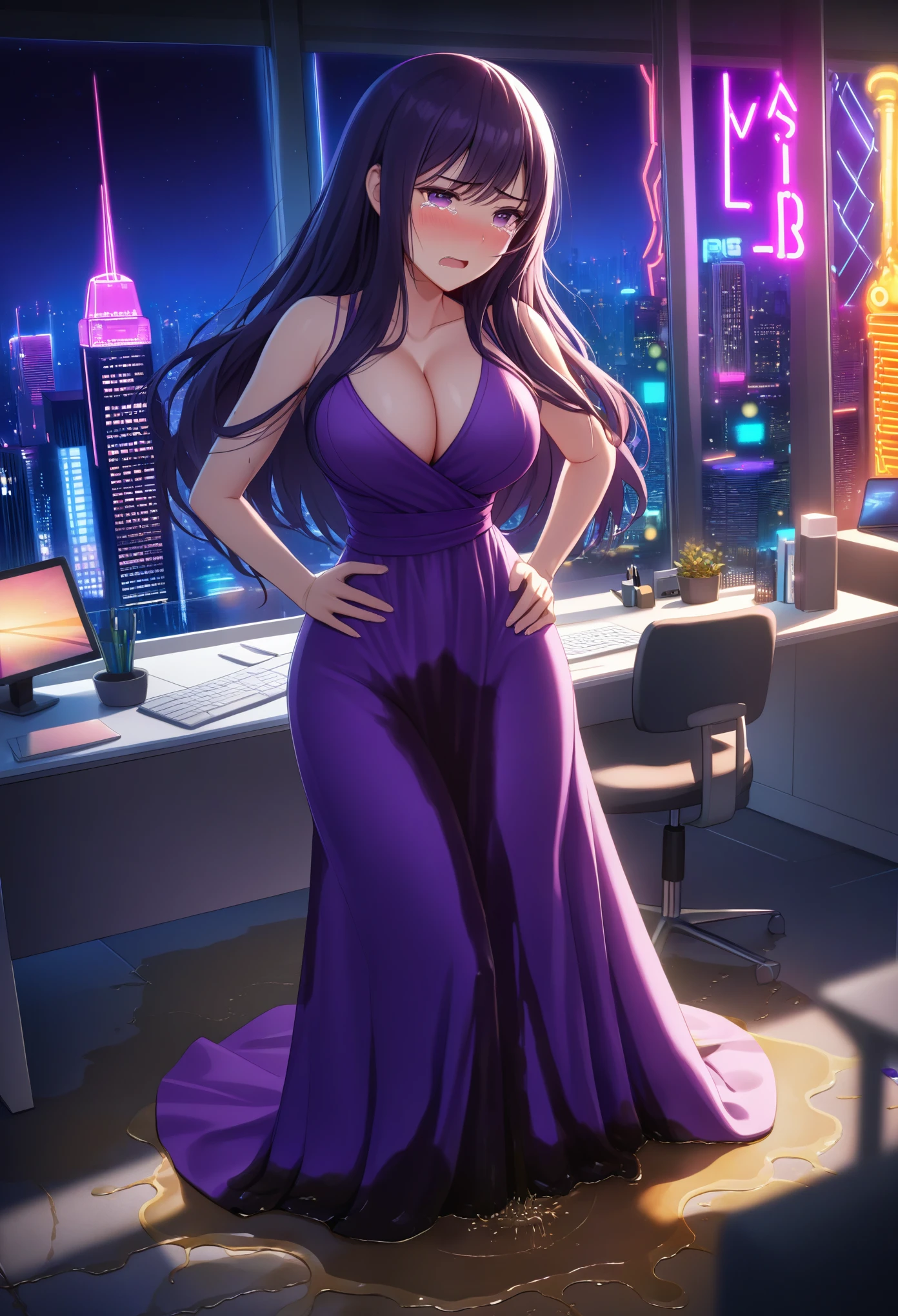 woman, very dark purple hair, purple eyes, long hair, large breasts, very long dress, very tight dress, standing straight, (wetting herself:1.5), best quality, ultra-detailed, HDR, studio lighting, professional, vivid colors, sharp focus, bokeh, landscape, office, night, window, cityscape, colorful city, neon lights, futuristic, science fiction, soft lighting, dynamic shadows, (embarrassed:1.5), (humiliation:1.5), b(lushing:1.5), (angry:1.25), (tears:1.5), facing viewer, (hands on hips:1.5)