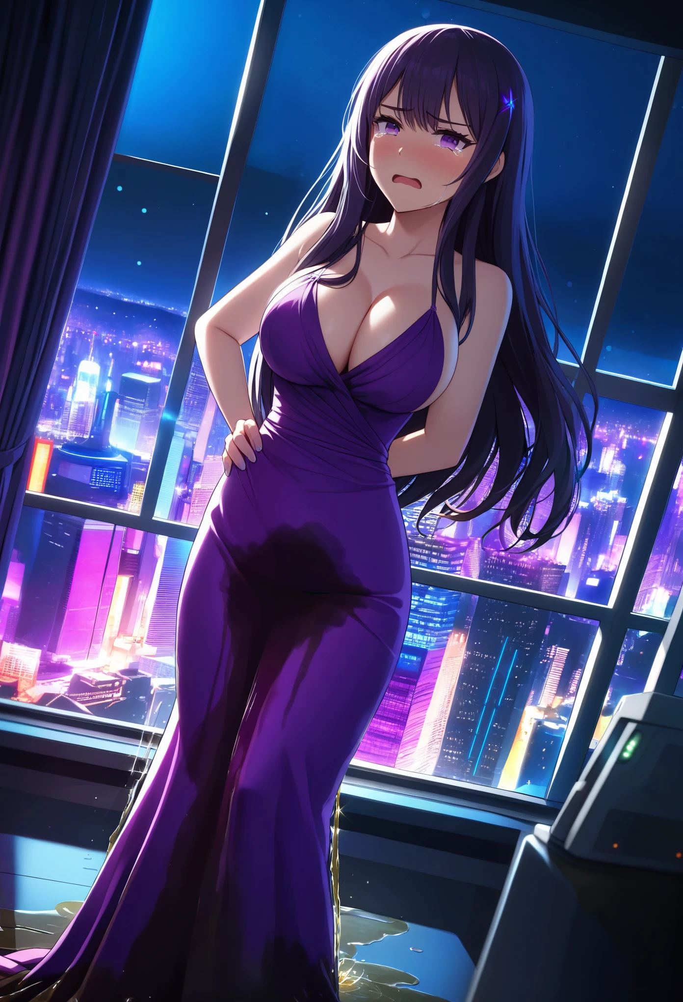 woman, very dark purple hair, purple eyes, long hair, large breasts, very long dress, very tight dress, standing straight, (wetting herself:1.5), best quality, ultra-detailed, HDR, studio lighting, professional, vivid colors, sharp focus, bokeh, landscape, office, night, window, cityscape, colorful city, neon lights, futuristic, science fiction, soft lighting, dynamic shadows, (embarrassed:1.5), (humiliation:1.5), b(lushing:1.5), (angry:1.25), (tears:1.5), facing viewer, (hands on hips:1.5)