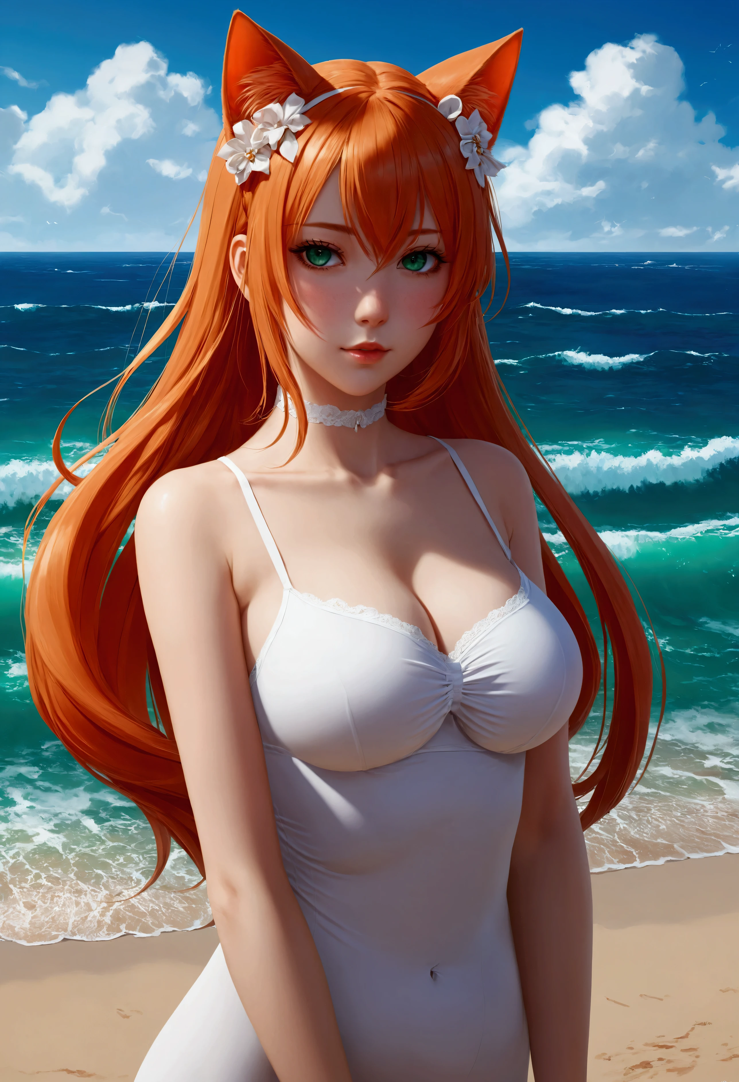 anime girl with long orange hair standing on beach near ocean, green eyes detailed digital anime art, cat ears, , anime girl with long hair, smooth anime cg art, anime girl with long hair, average breast size, digital anime art, artwork in the style of guweiz, beautiful anime portrait, photorealistic anime girl render, beautiful anime girl, perfect woman, advanced digital anime art, pantyhose, guweiz on artstation pixiv upscale HD UHD HQ big ass big tits