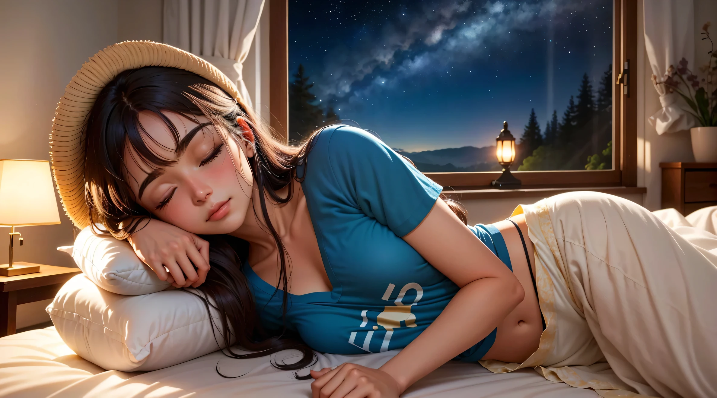 Imagine um suave, comforting illustration of a cute girl was sleeping in a comfortable bed, Olhos fechados, camiseta azul. long flowing hair. Quarto escuro, except for the soft light emanating from a bedside lamp near the bed, That casts a warm glow on your peaceful face. Pela janela entreaberta, A noite estrelada se estende, lua cheia, creating a magical contrast between the peaceful interior and the mysterious outside world. As cortinas de luz movem-se ligeiramente com a brisa noturna, adicionando um toque de movimento a esta cena tranquila.