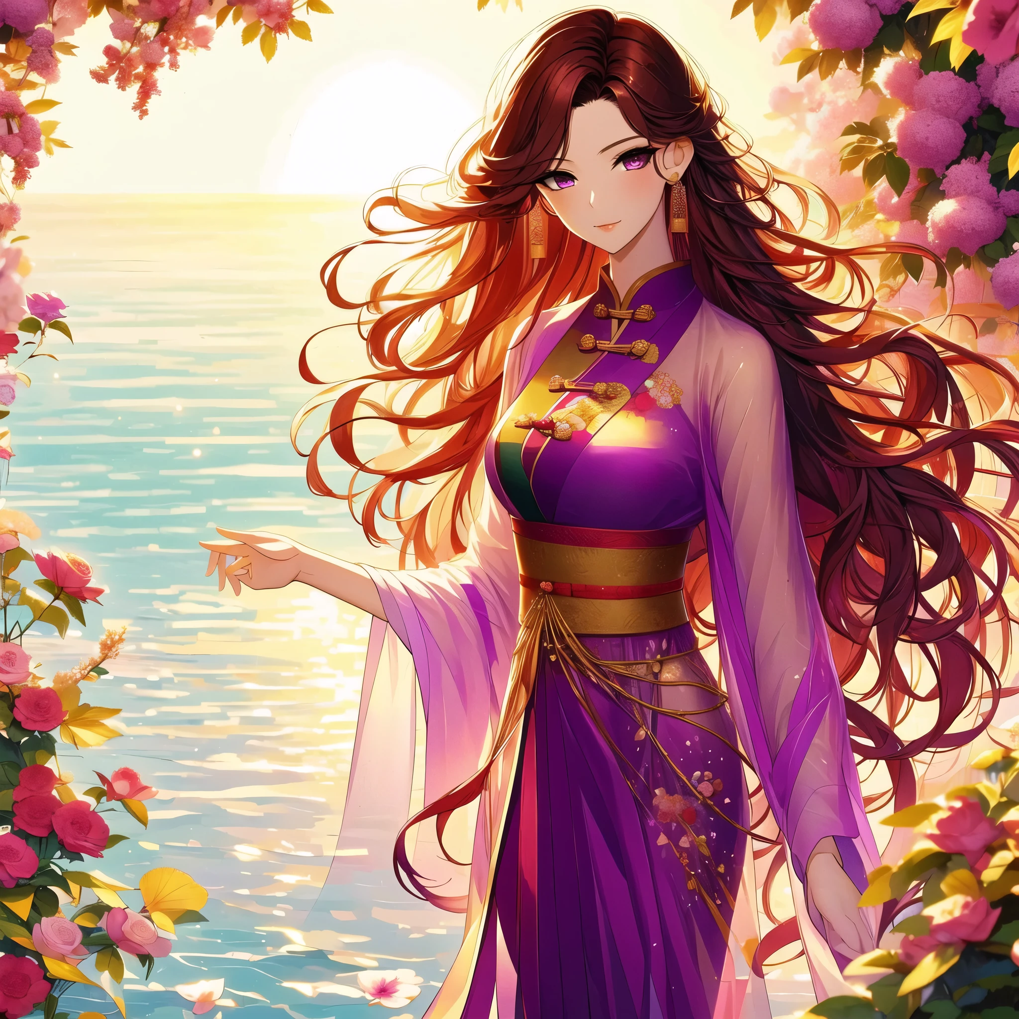 (masterpiece, best quality:1.2), 1 women, xian mei, solo, 18 year, chinese clothes, ultra long purple skirt, purple eyes, long dark black curly hair, jewellery, perfect anatomy, dark purple hanfu, 
