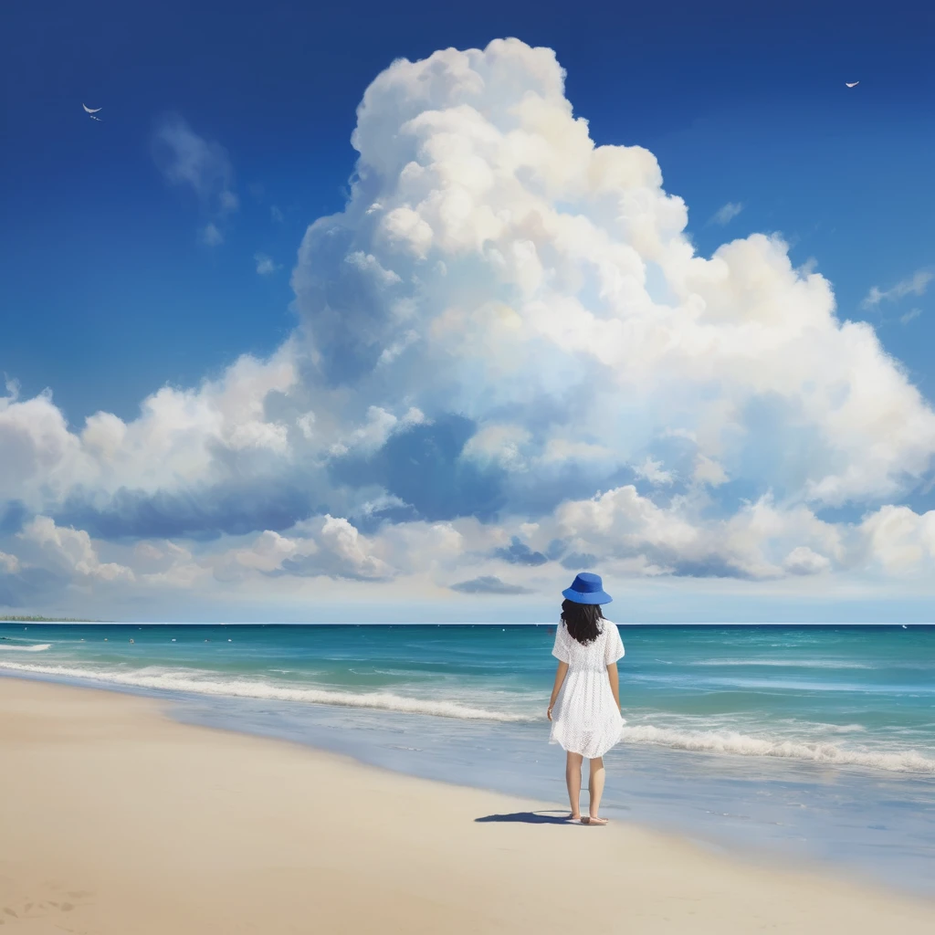 A realistic summer scene on a sunny beach. The scene includes a young South Asian girl enjoying a lively beach party. She is lounging on a colorful beach towel under a large beach umbrella. Nearby, others are playing beach volleyball or building sandcastles. There are vibrant, refreshing drinks and a variety of summer fruits like watermelons and pineapples. The clear blue ocean waves gently roll onto the shore, and palm trees sway in the warm breeze. The bright sunlight casts warm shadows, creating a joyful and relaxed atmosphere perfect for summer vibes, high resolution 300 dpi