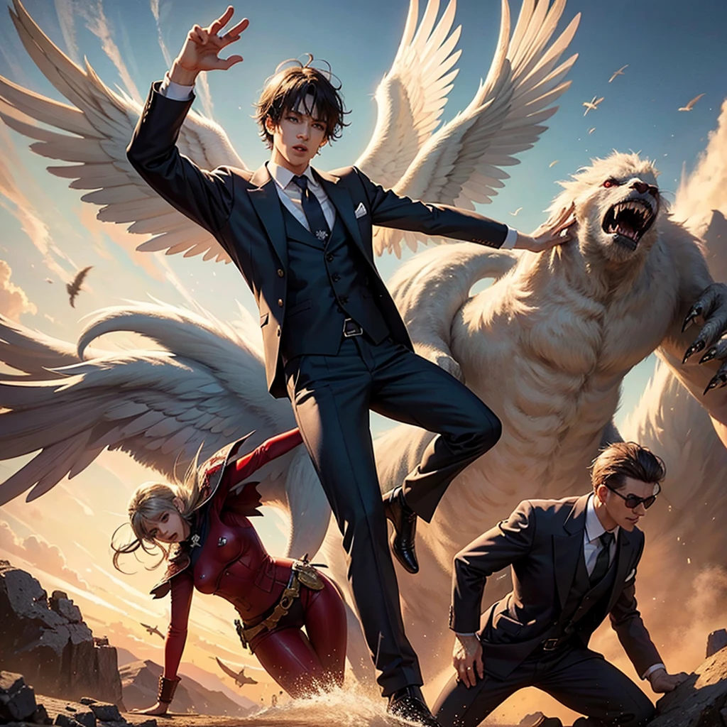 Angels in suits fighting a monster