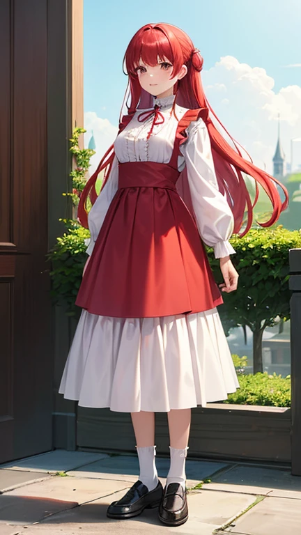 ((Highest quality)), ((masterpiece)), (detailed), One girl, smile, vivid red hair, brown eyes, super long hair & perm,red long skirt, super long skirt,frills shirt,Blue Vest,an image a lady dressed up standing in the middle of the picture, 独奏, jewelry, white shirt,frills socks, holding, long sleeves, white socks, loafers, shoes,frills mellow high neck,full body,,eighteen years,standing,mellow high neck