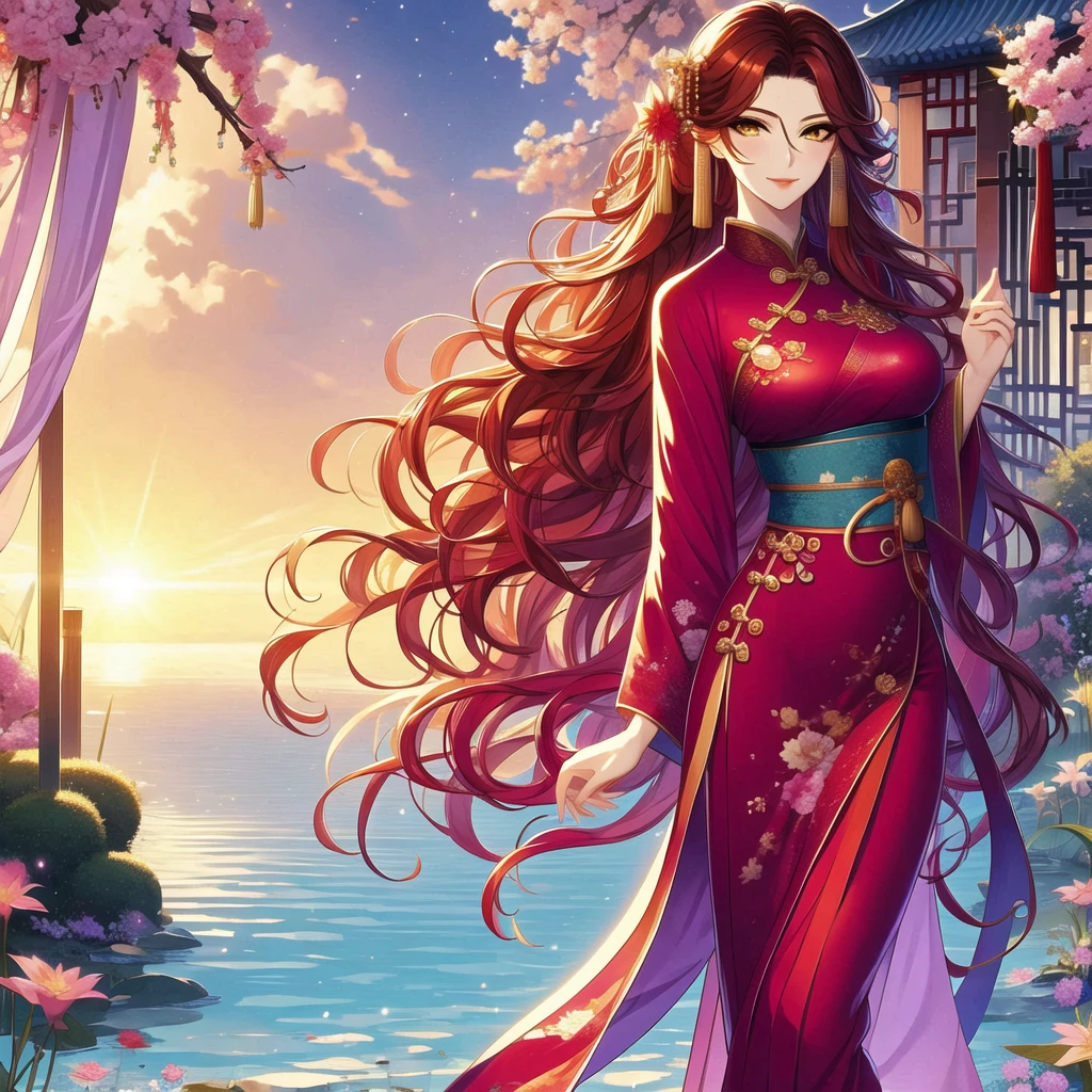 (masterpiece, best quality:1.2), 1 women, xian mei, solo, 18 year, chinese clothes, ultra long purple skirt, purple eyes, long black curly hair, jewellery, perfect anatomy, dark purple hanfu, 
