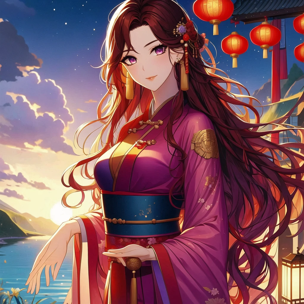 (masterpiece, best quality:1.2), 1 women, xian mei, solo, 18 year, chinese clothes, ultra long purple skirt, purple eyes, long black curly hair, jewellery, perfect anatomy, dark purple hanfu, 
