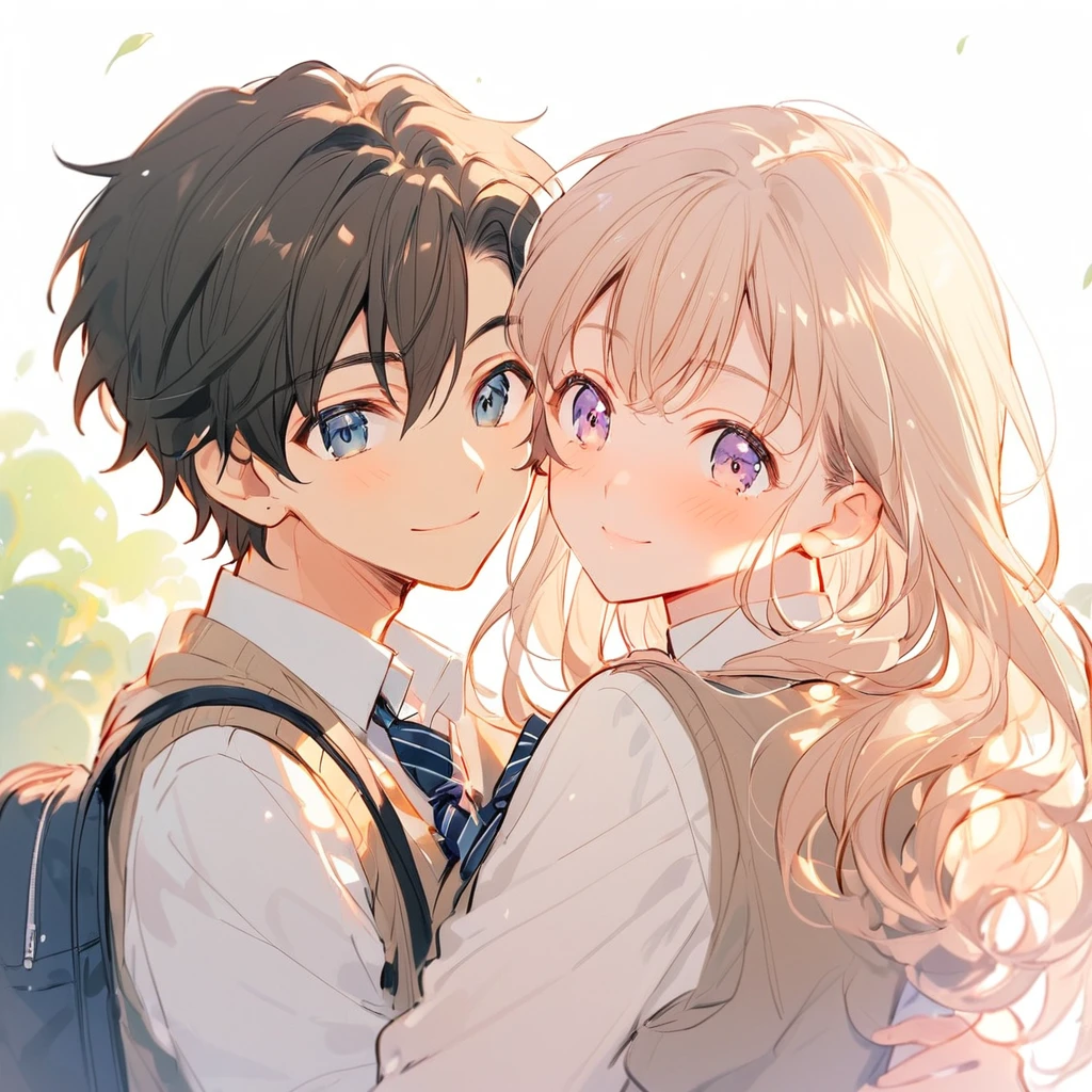 (Male and female couple), ((, school uniform)), Embrace each other, Smile