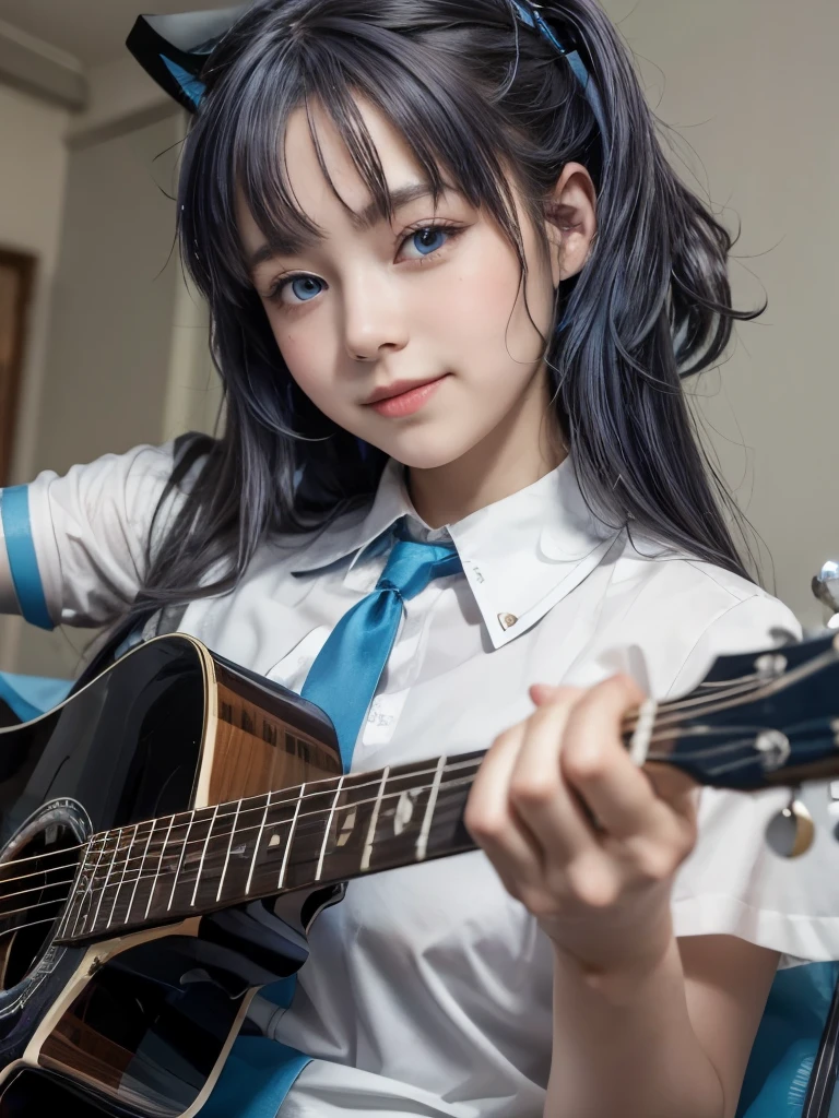 ((masterpiece)), ((best quality)), (ultra-detailed), Live performance venue, a cute girl, 1girl, solo, playing the guitar00, maid00, ((beautiful eyes))0, smile, beautiful blue hair