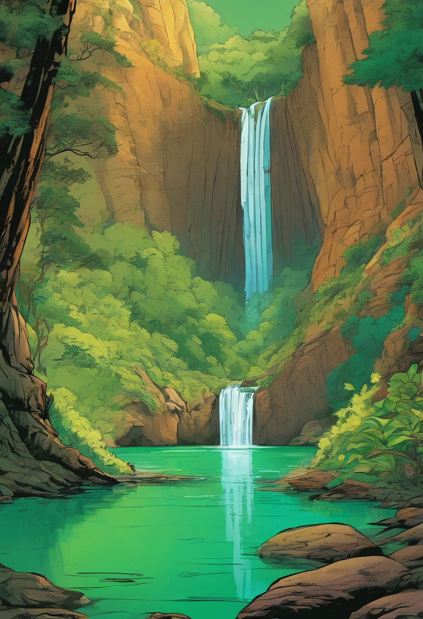 grand forest, hidden by a majestic waterfall, lies a dark and narrow cave. At the bottom of the cave, there is a bright green spring that feeds an equally luminous lake. Every drop of this emerald lake slowly drips to form the Amazon River.