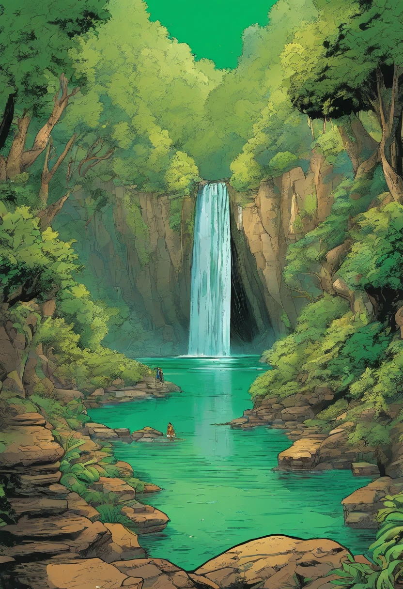 grand forest, hidden by a majestic waterfall, lies a dark and narrow cave. At the bottom of the cave, there is a bright green spring that feeds an equally luminous lake. Every drop of this emerald lake slowly drips to form the Amazon River.