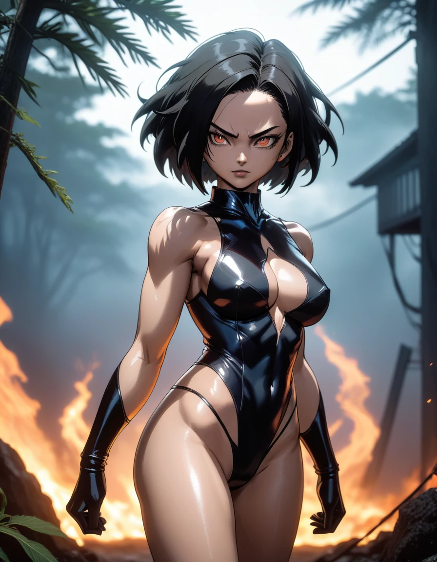 SINISTER BLACK FIRE CHAMAS NEGRA DARK ATMOSFERA ultra detailed visually rich 2d cartoon manga concept art illustration of a NINA TEKKEN + aLITA adult woman, created with the CYBER BIO post apocalyptic overgrown wilderness style from Horizon: forbidden west, ((candid photography)) luminous and enchanting dark and eerie lit dark fantasy realm (rule of thirds) depth of field intricate details subtle colors fantastical realm extremely detailed ultra sharp focus, light particles
