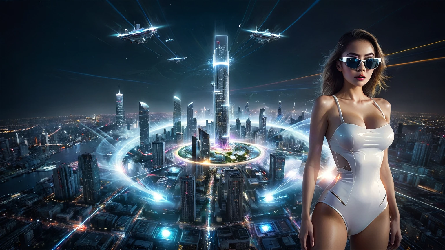 At dark night, aerial view of futuristic sci-fi cyberpunk city, skyscrapers, (flying vehicle), (vortex-spirit-spreading giant hologram (((clock tower))) as time machine), Matrix style, (1girl, solo), large-breast:1.2 slim body, cleavage:1.3, tube top, miniskirt, (mini black sunglasses), ((holding a laser pistol)), dynamic pose, half-body thigh level medium shot, cinematic lighting, lens flare, ray tracing.