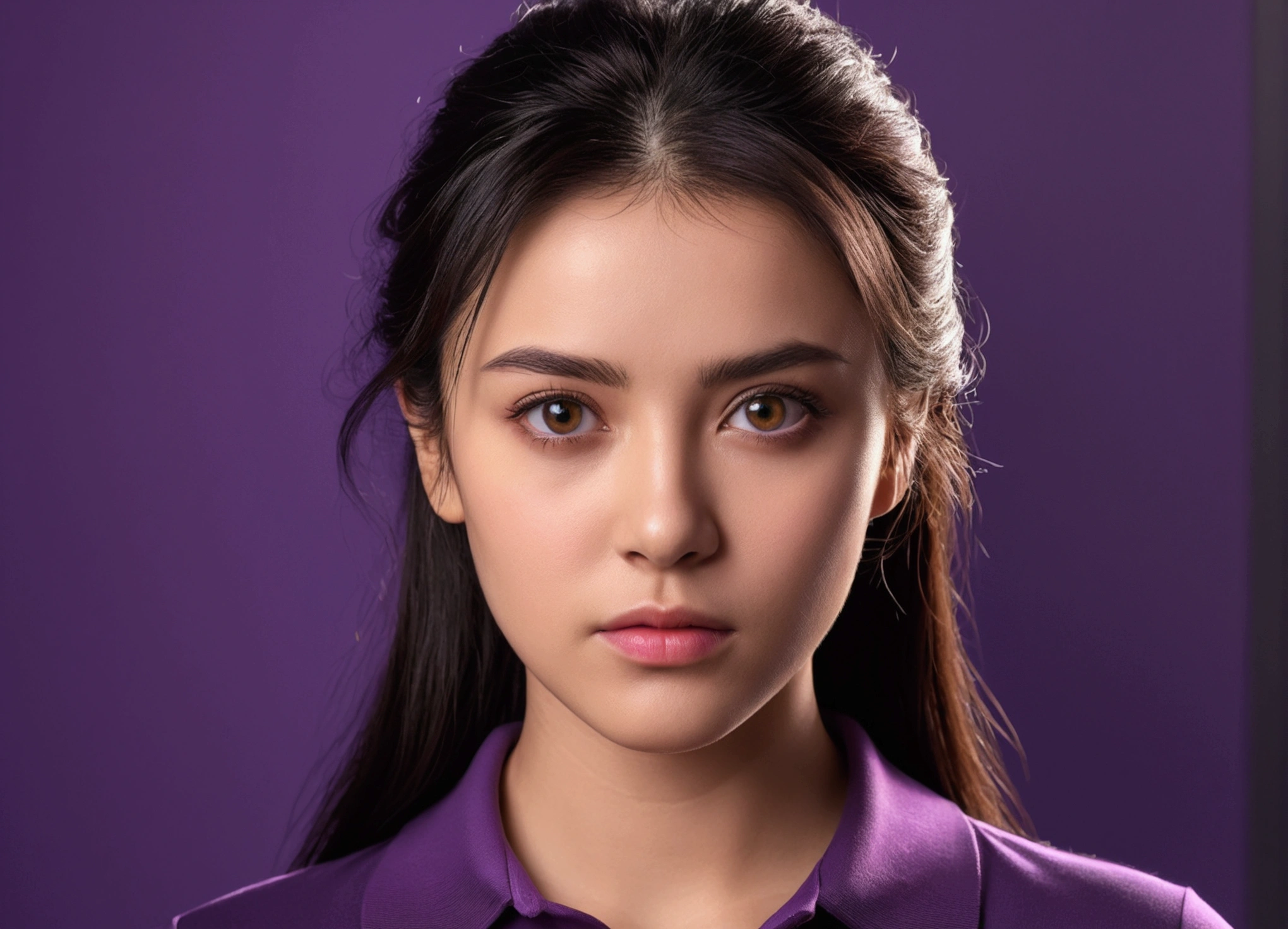 European, 20yrs, woman, beautiful woman, hyper realistic, black hair, brown hazel eye, half body, sharp focus, high detail, realistic, purple polo, masterpiece, absurdres, best quality, HDR, high quality, high-definition, extremely detailed, 8k wallpaper, intricate details, 8K uhd, Full-HD, harsh lighting, cinematic lighting, natural lighting, hard light, backlighting, office background