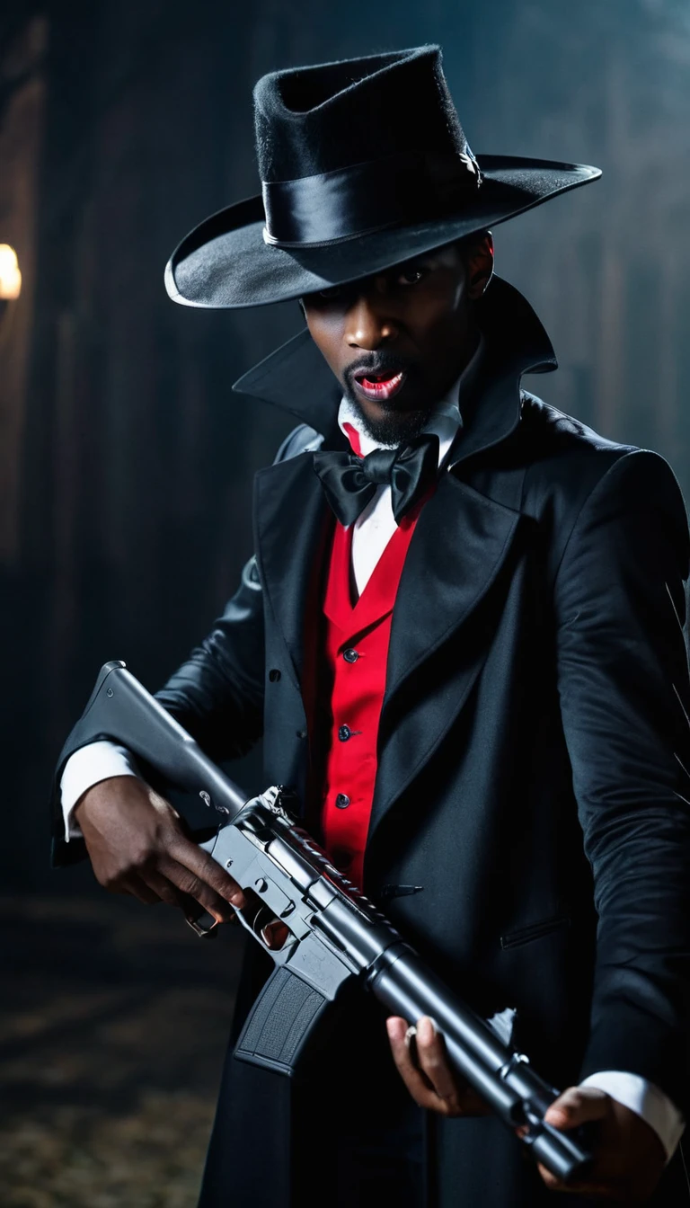 A skinny black man as dracula holding a gun, his face covered with hat, action pose, irregular cinematic shot.