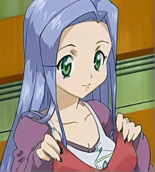 anime girl with blue hair and green eyes holding a cell phone, anime girl named lucy, beautiful alluring anime teen, seductive anime girl, aya takano color style, misato katsuragi, tsubasa nakai's style, she has purple hair, as an anime character, in an anime, gainax anime style, furr covering her chest, cel shaded anime