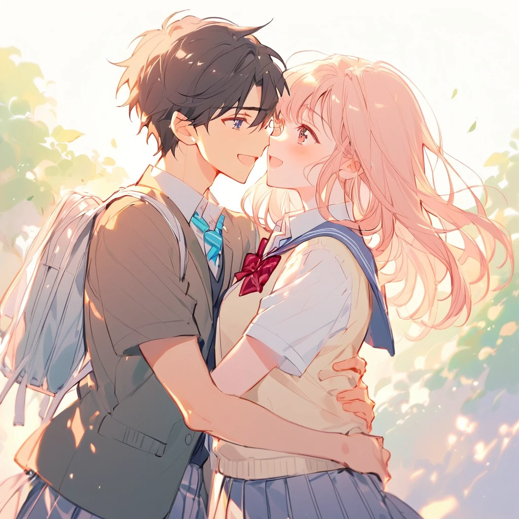 (Male and female couple), ((Middle school students, school uniform)), Embrace each other, Look at each other and laugh