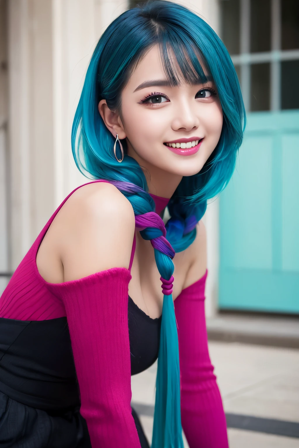 high quality, real、High resolution, Realistic、8k、masterpiece, detailed.impressive, Cutting-edge female photography portraits,No sleeve、Showcasing a bold and daring street-art style、smile、closed mouth、Looking at the camera、Facing forward、cyan, and purple, Her vibrant makeup really catches the eye.. Her colorful hair is tied up high,