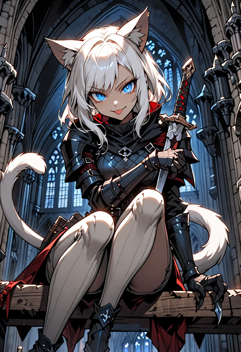 solo female, close up, short white hair, blue eyes, assassin, tongue out, cat tail, cat ears, slit pupils, sinister smile, light armor:0.2, thief, night, sitting on the rafters, cathedral, dagger, medieval, furred forearms, light skin, small breasts, cat legs, cat hands, dark