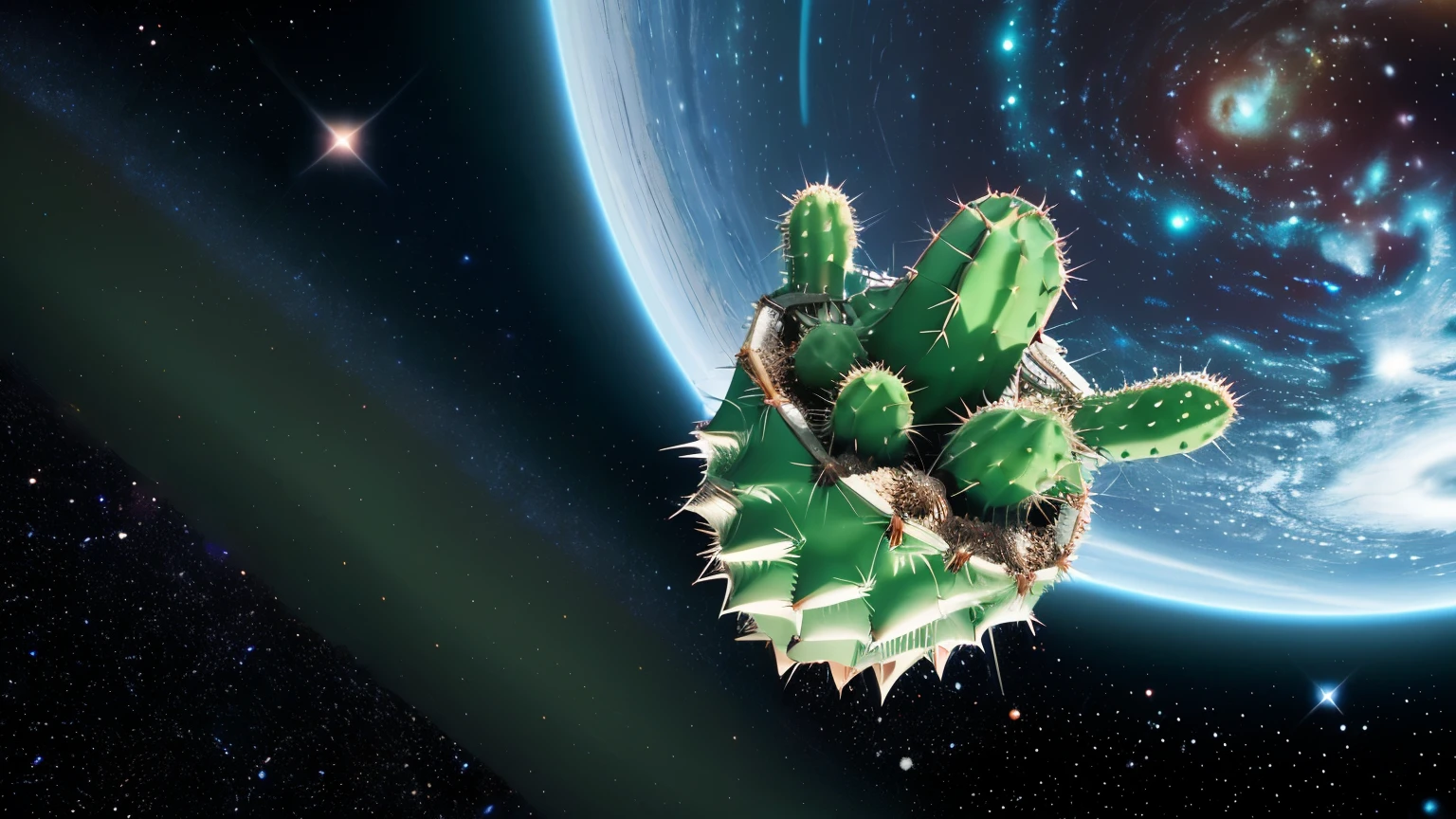 A cactus flying in space. A small and sweet cactus. Not realistic. More like animation. Cactus has spines of different colors. high resolution. Detailed. Earth in the background, The lights of stars and galaxies are visible. Just one cactus. I don't want multiple cacti.