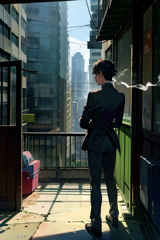 (best quality,ultra-detailed,realistic:1.37), humor,comic style,bold lines,high rise residential building, with wide angle lens, The room was bare, with no furniture or luggage, and the balcony had a balcony with silhouettes of buildings in the Shinjuku subcenter in the distance, and the afternoon sun was shining in through the windows. The room was bare, with no furniture or luggage, and the balcony had a balcony with silhouettes of buildings in the Shinjuku subcenter in the distance, and the afternoon sun was shining in through the windows. Two young men are smoking cigarettes and one is hugging the other from behind , humor,comic style,bold lines,Two young mens are smoking cigarettes and one is hugging the other from behind,modern gay romance, comic style,bold lines,playful colors,vibrant colors, soft lighting, depth of emotions, tender gazes, longing for connection, raw and honest, LGBTQ+ representation, urban setting, authentic expressions, compelling storytelling, dramatic composition,