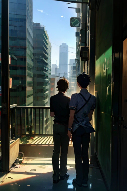 (best quality,ultra-detailed,realistic:1.37), humor,comic style,bold lines,high rise residential building, with wide angle lens, The room was bare, with no furniture or luggage, and the balcony had a balcony with silhouettes of buildings in the Shinjuku subcenter in the distance, and the afternoon sun was shining in through the windows. The room was bare, with no furniture or luggage, and the balcony had a balcony with silhouettes of buildings in the Shinjuku subcenter in the distance, and the afternoon sun was shining in through the windows. Two young men are smoking cigarettes and one is hugging the other from behind , humor,comic style,bold lines,Two young mens are smoking cigarettes and one is hugging the other from behind,modern gay romance, comic style,bold lines,playful colors,vibrant colors, soft lighting, depth of emotions, tender gazes, longing for connection, raw and honest, LGBTQ+ representation, urban setting, authentic expressions, compelling storytelling, dramatic composition,