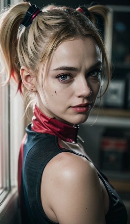 Harley Quinn, harley quinn, work of art, 4k resolution, ultra-realistic, very detailed, Charismatic, there's a girl at the top of town, Harley Quinn, approximately 25 years, long hair, whole body, sexyposture, show of force, urban environment, with graffiti and graffiti on walls and buildings, urban landscape, at night, dynamic lights, fullmoon, 4K High Definition Painting, very realistic, very detailled.