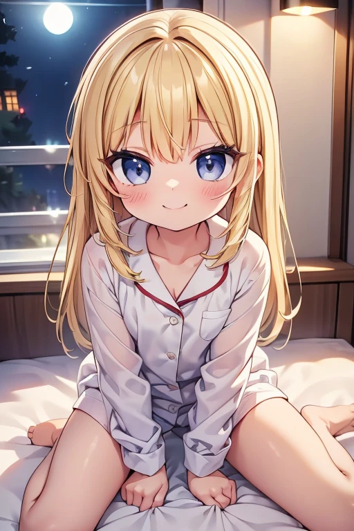 One person!!、Baby Face、、smile、human、6 year old girl、Long Hair、Blonde!、With bangs、small、1st grade elementary school students、Big eyes、barefoot、black eye、cute、Are thin、凄くsmall胸、身長のsmall、体のsmall、Short legs、pajamas、Night view、Bedroom、bed、Bare Skin、Show the whole body、((Lying down))、