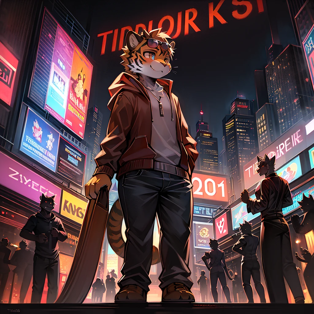 A wide shot of a stuffed tiger in sunglasses looking up at the tall buildings in Times Square, digital art"