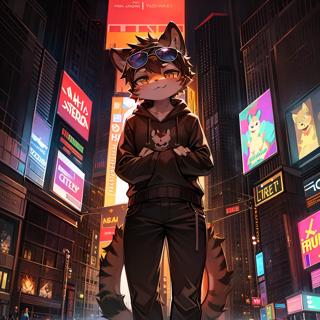 A wide shot of a stuffed tiger in sunglasses looking up at the tall buildings in Times Square, digital art"
