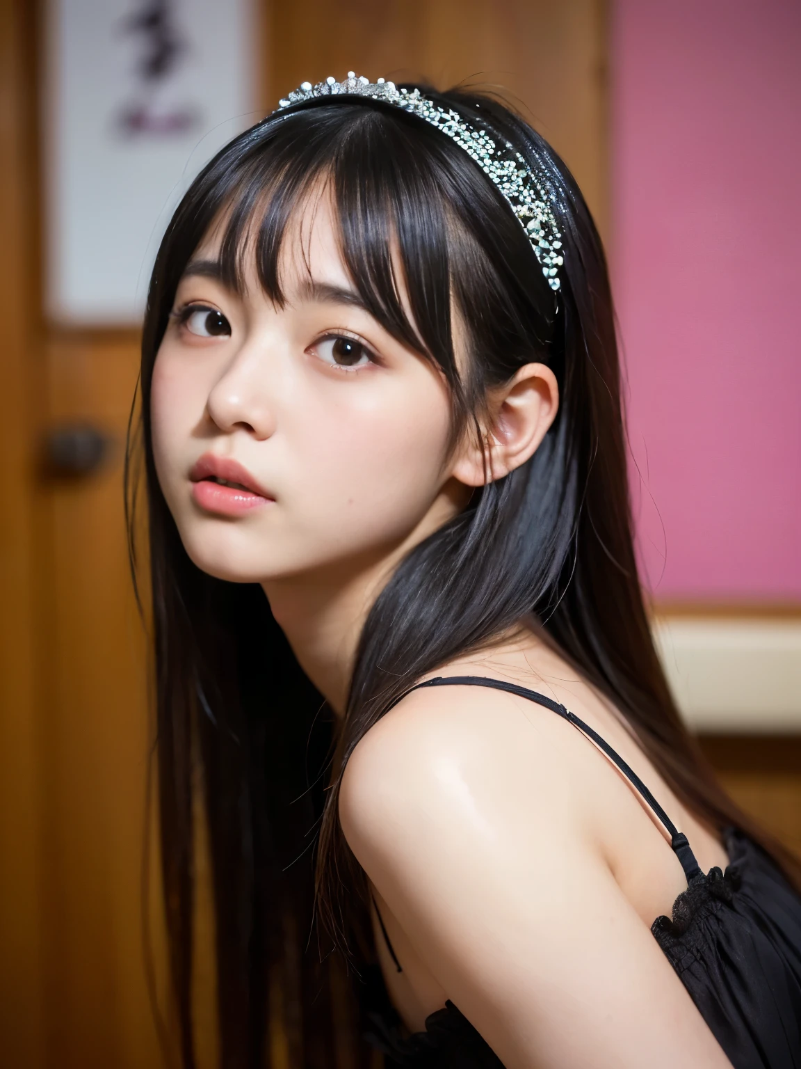 (Best-quality, Masterpiece, Ultra-High-Resolution, (Photorealistic:1.4), Raw Photo, depth of field, professional lighting, perfect anatomy, extremely details), (1girl, 15-years-old, the most famous Japanese idol, booty-pose), (wearing light-pink summer-dress with cute-design), ((((drunk, intoxicated, inebriated)))), ((((extremely beautiful and extremely realistic skins)))), ((extremely cute face like the most popular Japanese idol)), (((extremely cute and extremely big black-eyes))), (extremely beautiful black-long-hair), (extremely cute long-eyelashes), (extremely cute lips)