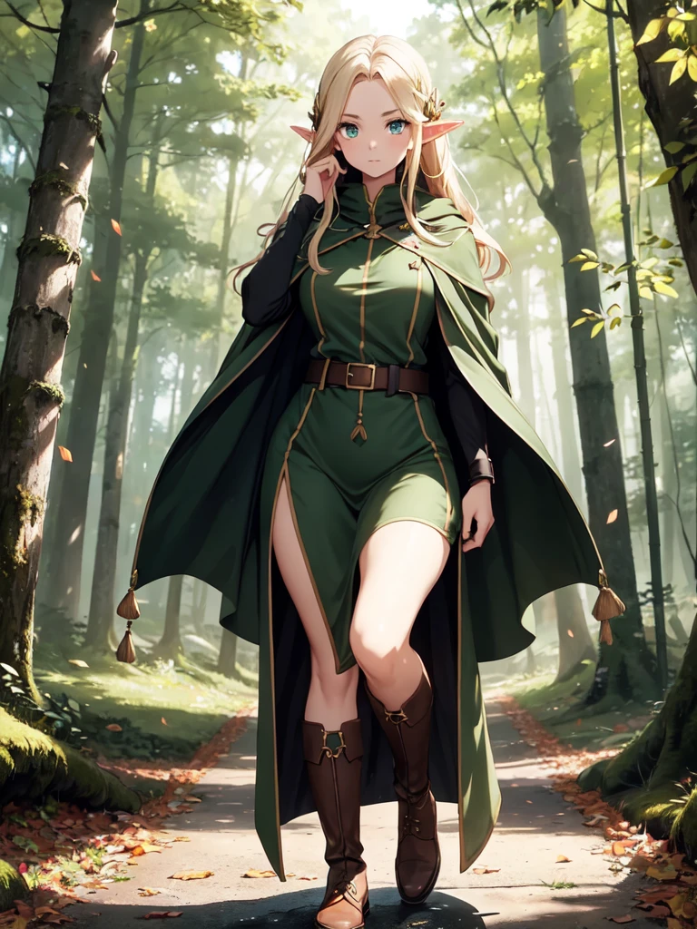 1girl, elf, looking at viewer, standing, full body view, three quarters view, blonde, pale skin, green eyes, long hair, beautiful face, beautiful eyes, beautiful eyelashes, cute, serious expression, mature woman, hourglass figure, curvy, lean body, athletic body, muscular woman, tall, dark green cloak with, dark brown shorts, brown belt, brown boots, forest background, leaves falling down, dark wood trees, dense forest, beautiful scenery