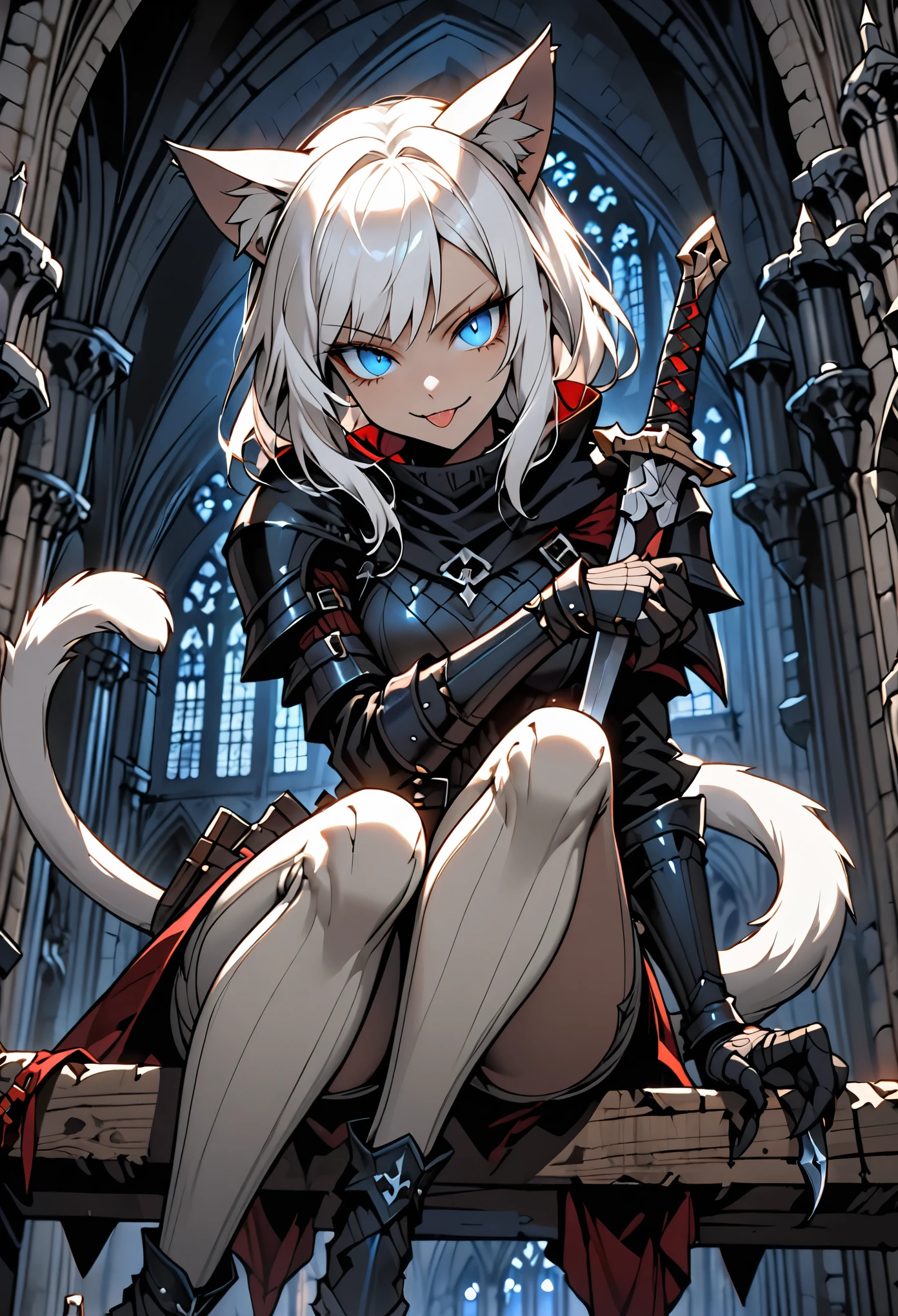 solo female, close up, short white hair, blue eyes, assassin, tongue out, cat tail, cat ears, slit pupils, sinister smile, light armor:0.2, thief, night, sitting on the rafters, cathedral, dagger, medieval, furred forearms, light skin, small breasts, cat legs, cat hands, dark