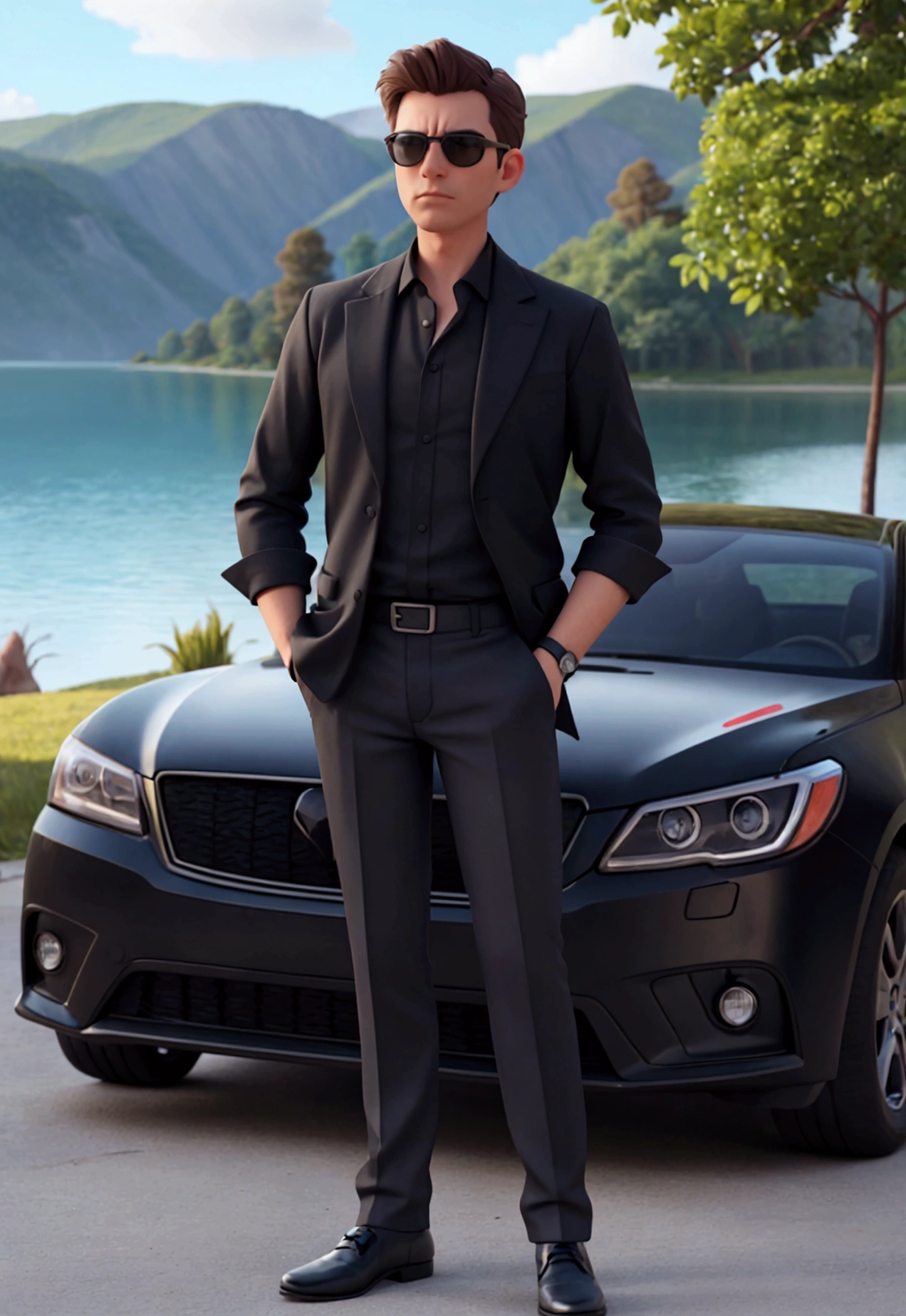 Place a man in a black blouse with sunglasses with his hands in his pocket in front of a black car in the background, a beautiful landscape with a lake 