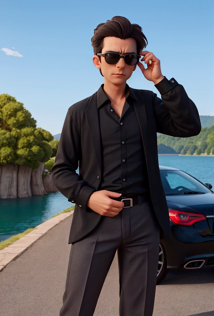 Place a man in a black blouse with sunglasses with his hands in his pocket in front of a black car in the background, a beautiful landscape with a lake 