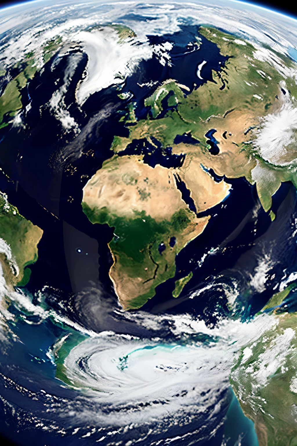 Photorealistic image of planet Earth from space, showing continents, oceans, and cloud patterns, high resolution, detailed, NASA-style photograph | cartoon, illustration, flat earth, low quality, anime style