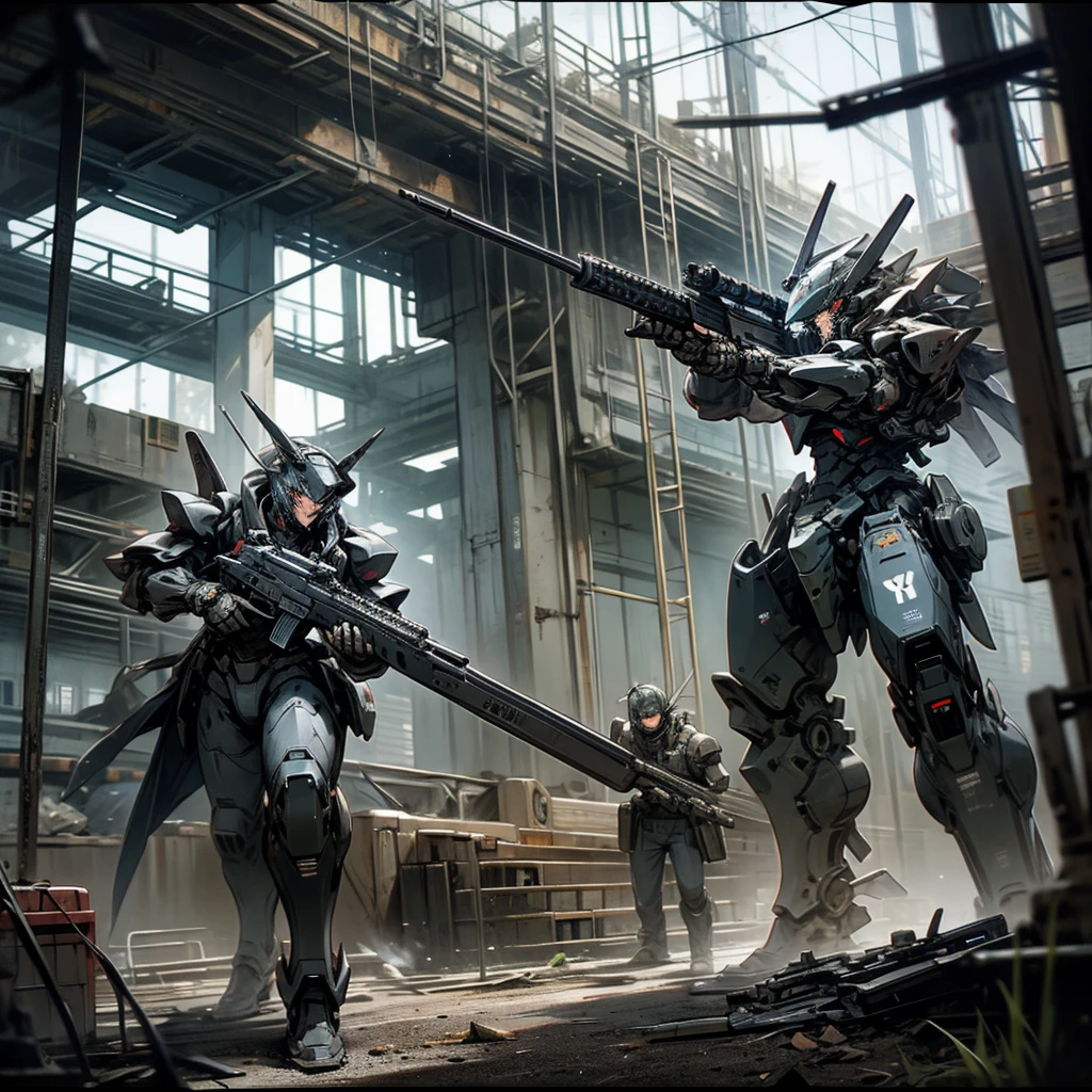 armored core style, rifle, shooting, ruins,