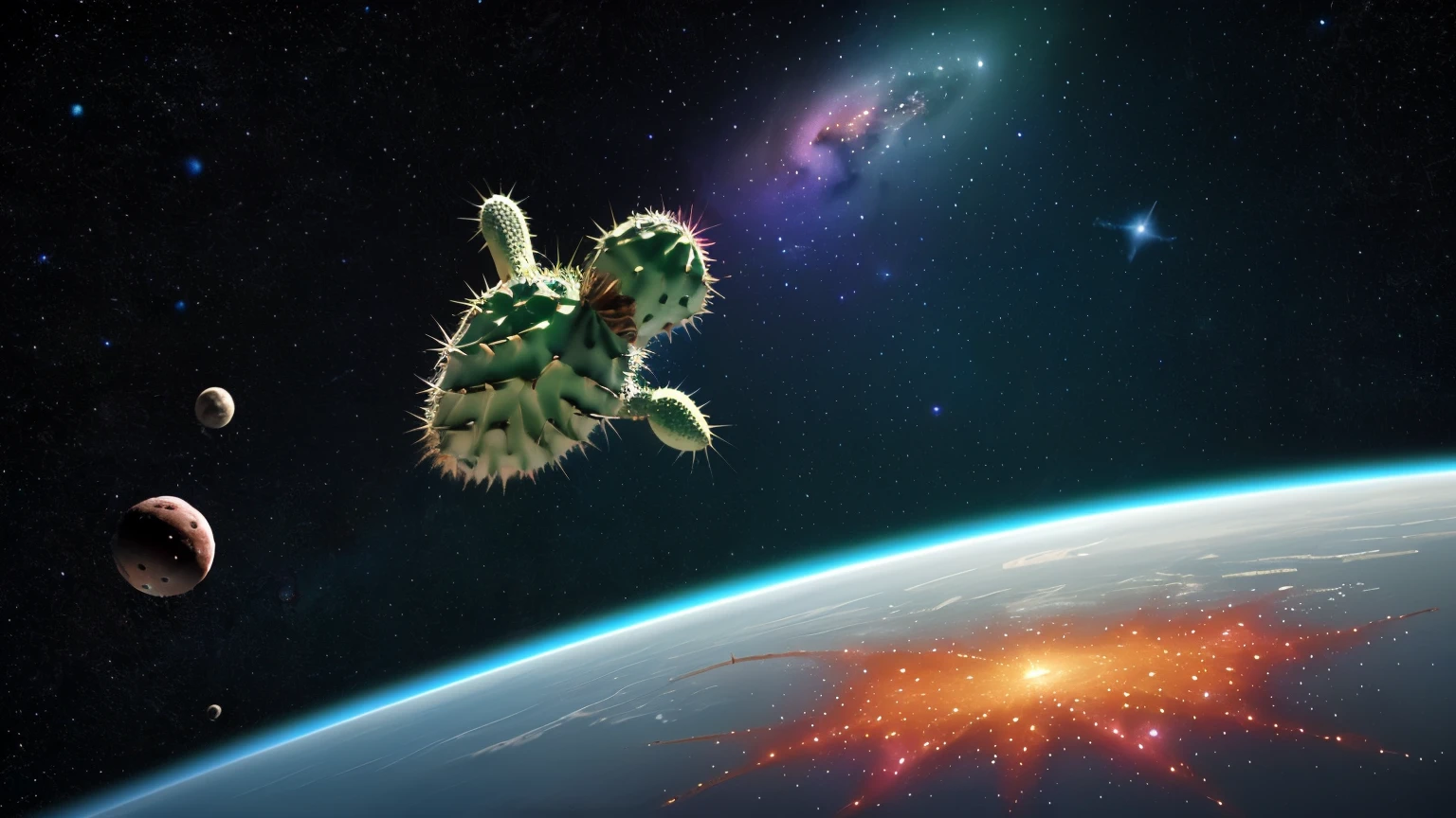 A cactus flying in space. A small and sweet cactus. Not realistic. More like animation. Cactus has spines of different colors. high resolution. Detailed. Earth in the background, The lights of stars and galaxies are visible. Just one cactus. I don&#39;t want multiple cacti.