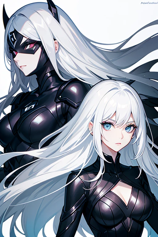 Superheroine drawing (women) stylized black suit, mask on the face, White hair, white skin and light eyes