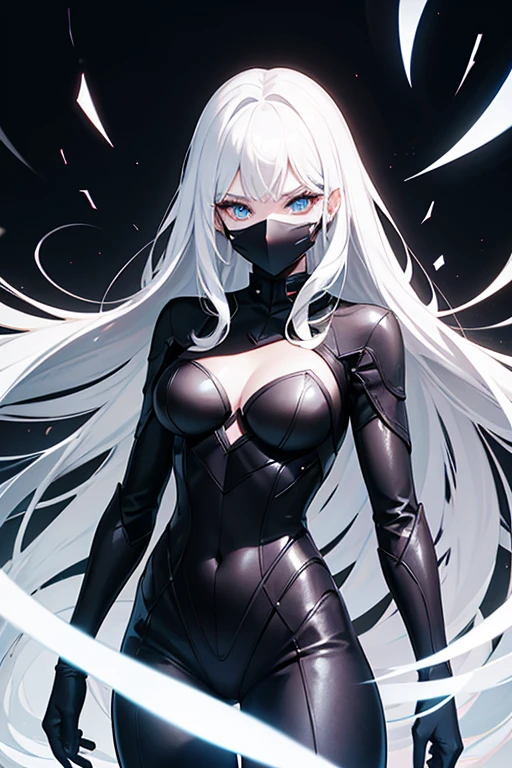 Superheroine drawing (women) stylized black suit, mask on the face, White hair, white skin and light eyes