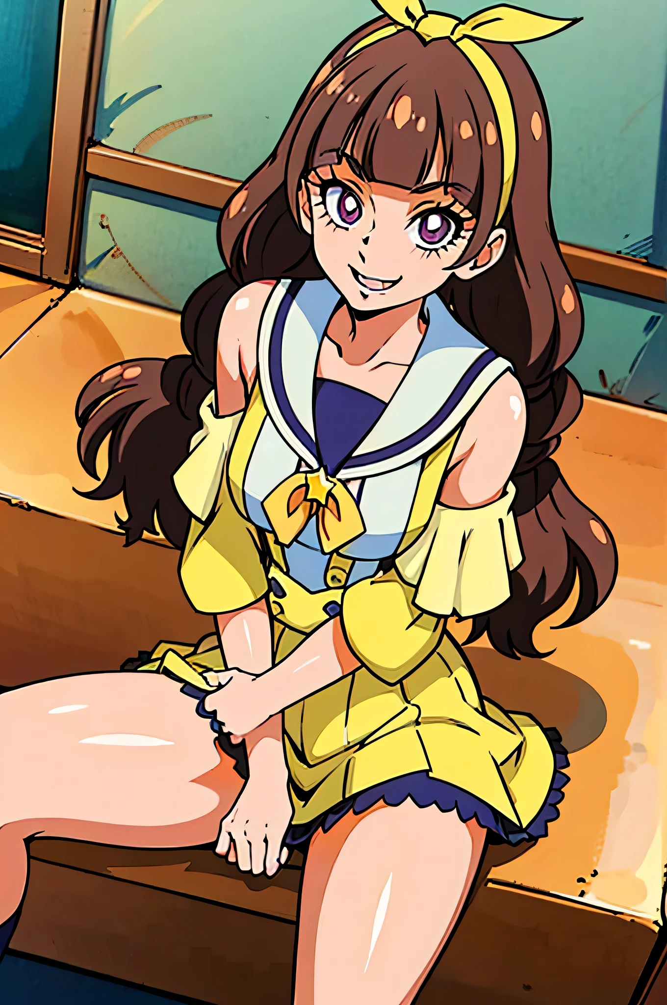 1 girl,(solo), ((amanogawaki)), (masterpiece:1.2), (high quality:1.0),looking at viewer, (Uniform), (ultra detailed), (Front View), (evil smile), Brat, Adolescent, (Yellow Headband), (Orange Ribbon), Uniform Skirt, Thighs, View from Above, Sitting