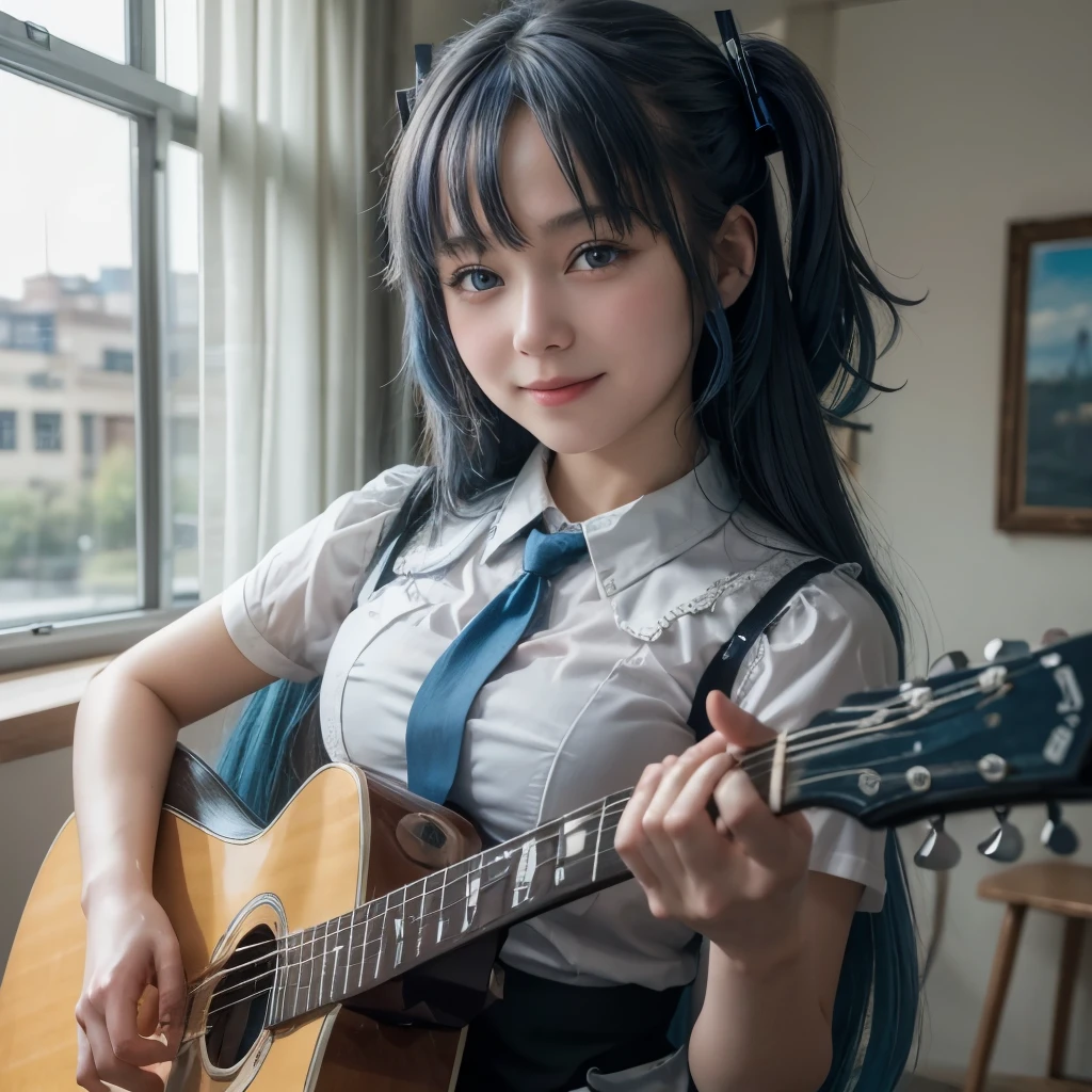 ((masterpiece)), ((best quality)), (ultra-detailed), Live performance venue, a cute girl, 1girl, solo, playing the guitar00, maid00, ((beautiful eyes))0, smile, beautiful blue hair