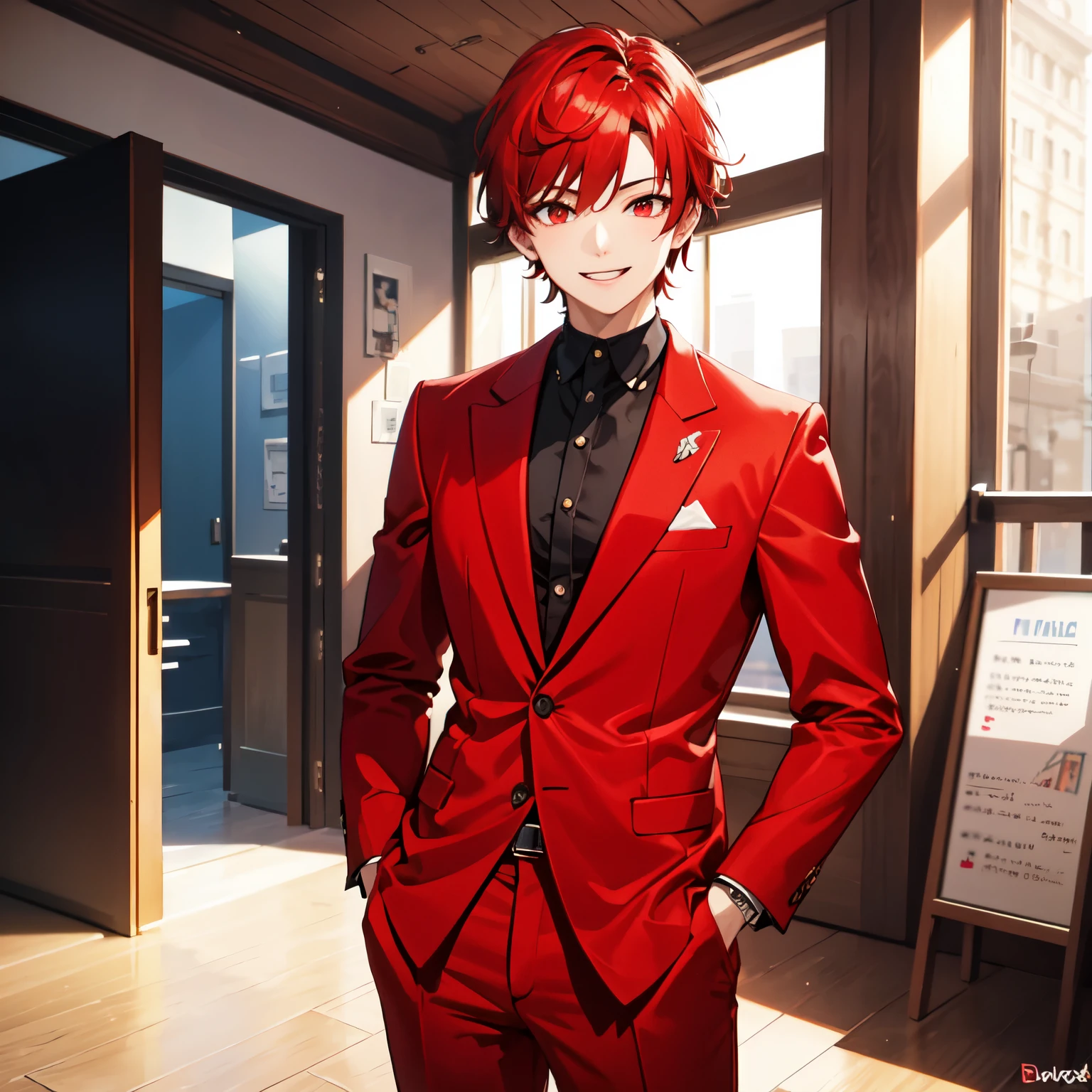 ((best quality)), ((masterpiece)), (detailed), 1boy, confident smile, red hair, red clothes, bussiness suit, red eyes