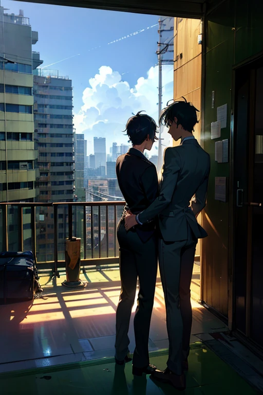 (best quality,ultra-detailed,realistic:1.37), humor,comic style,bold lines,high rise residential building, with wide angle lens, The room was bare, with no furniture or luggage, and the balcony had a balcony with silhouettes of buildings in the Shinjuku subcenter in the distance, and the afternoon sun was shining in through the windows. The room was bare, with no furniture or luggage, and the balcony had a balcony with silhouettes of buildings in the Shinjuku subcenter in the distance, and the afternoon sun was shining in through the windows. Two young men are smoking cigarettes and one is hugging the other from behind , humor,comic style,bold lines,Two young mens are smoking cigarettes and one is hugging the other from behind,modern gay romance, comic style,bold lines,playful colors,vibrant colors, soft lighting, depth of emotions, tender gazes, longing for connection, raw and honest, LGBTQ+ representation, urban setting, authentic expressions, compelling storytelling, dramatic composition,